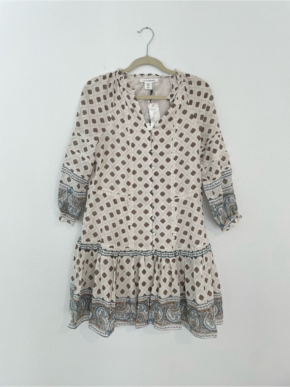 Lucky Brand Medallion Print Peasant Mini Dress Boho Chic Lace Trim Cream + Blue
